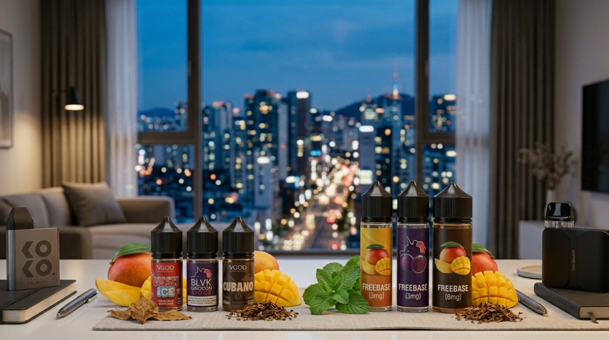 types of e-liquid, South Korea, 2026 salt nicotine freebase 50mg fruit menthol tobacco flavors